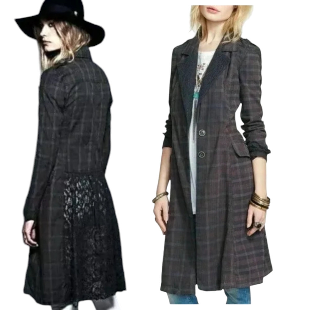 Free people unique lace detailed trench dress coat size small plaid
